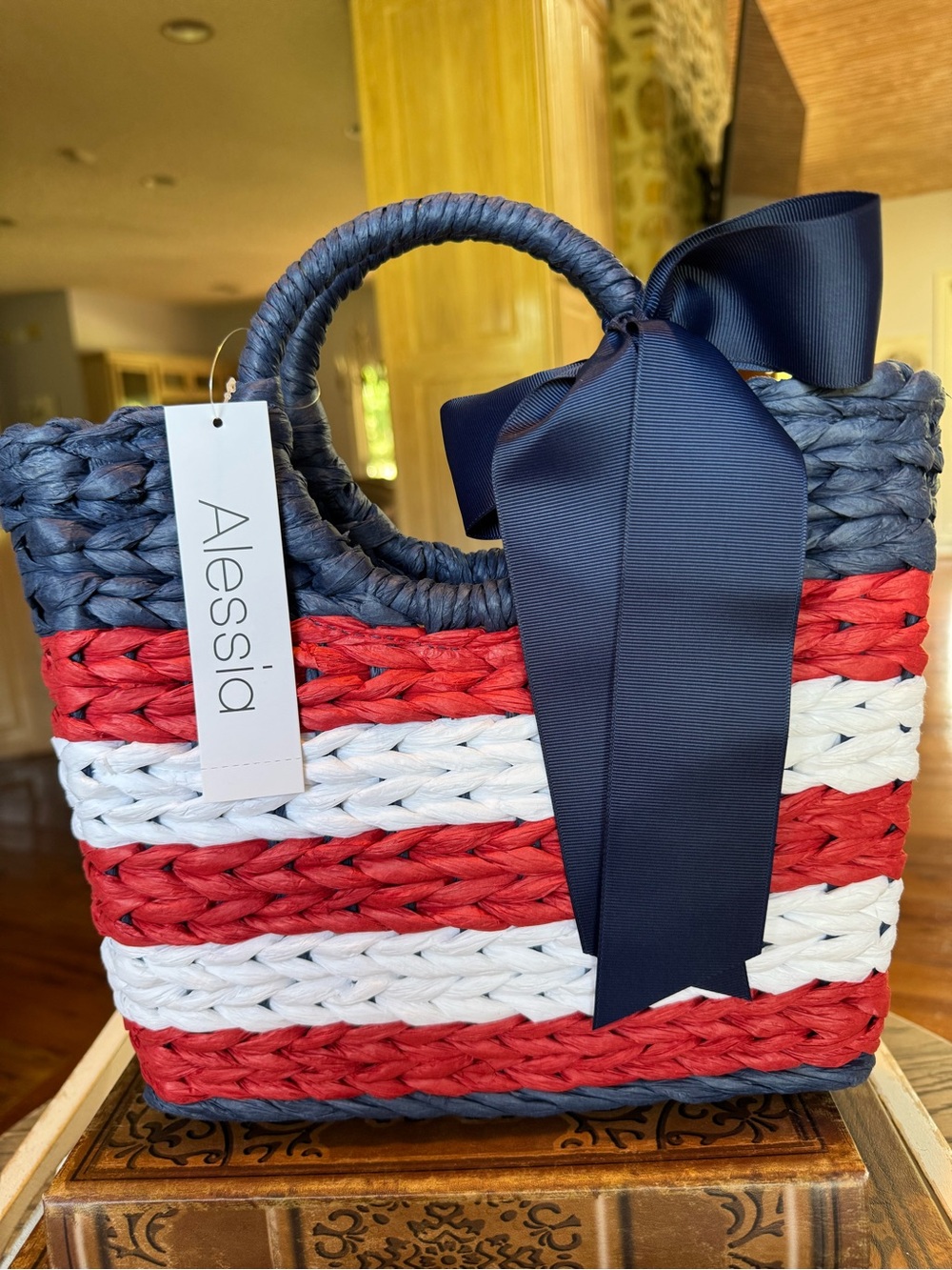 Alessi Red, White & Navy Woven Tote with Bow